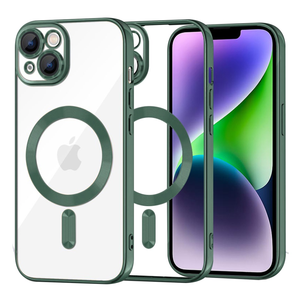 Husa pentru iPhone 14 Plus, SKYDDAR INNOVATION, Luxury Shield Magsafe, Protectie Antisoc, Verde inchis, set cu sticker