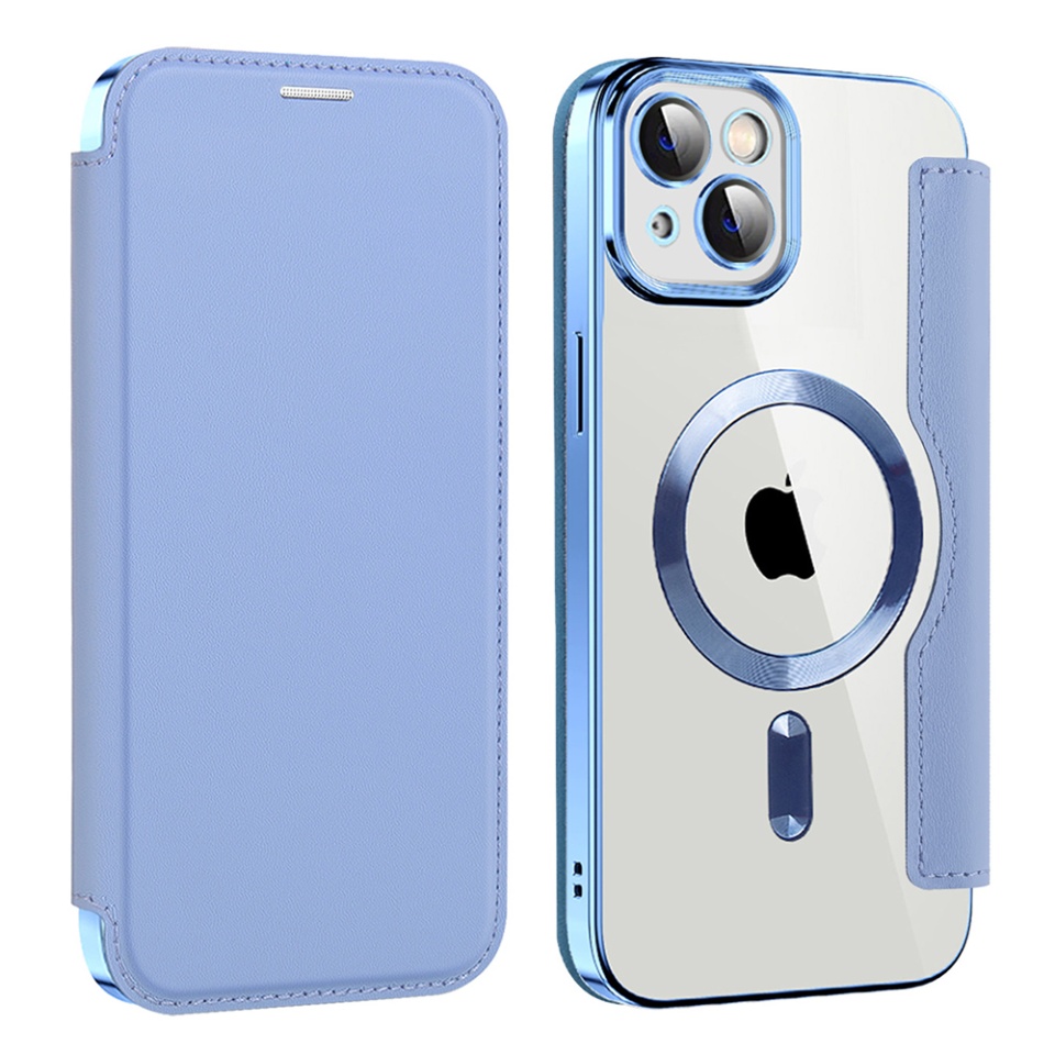 Husa pentru iPhone 14 Plus tip carte, SKYDDAR INOVATION, SmartMag Book, Magsafe, RFiD, Suport Carduri, set cu sticker, Bleu - 1 | YEO