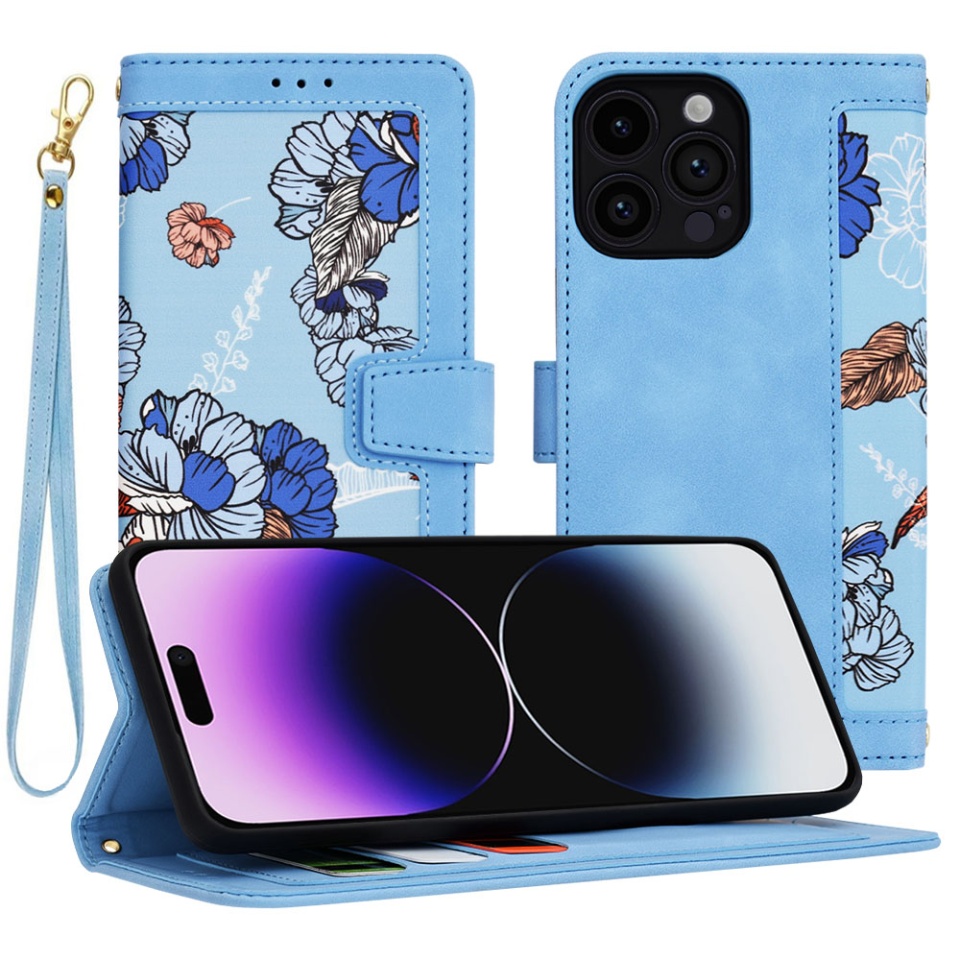 Husa pentru iPhone 14 Pro Max, SKYDDAR INNOVATION, Floral Wallet, din Piele Ecologică cu Design Floral, Protecție 360°, Stand Integrat, Buzunare pentru Carduri, Bleu, set cu sticker