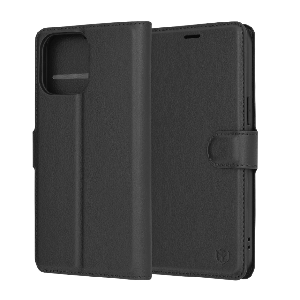Husa pentru iPhone 14 Pro Max, SKYDDAR INNOVATION, Leather Folio, tip Carte, cu Portofel Interior, Finisaje Premium, Negru, set cu sticker