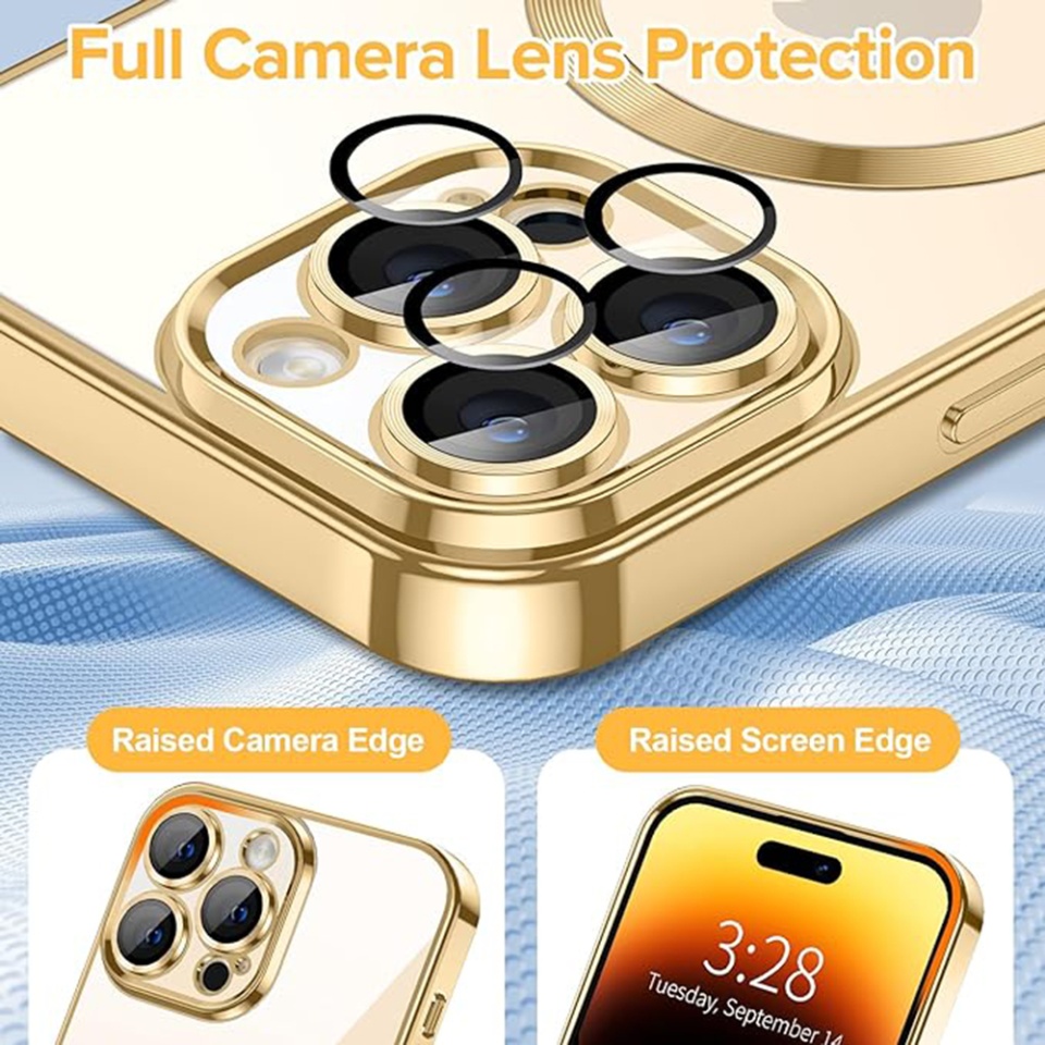 Husa pentru iPhone 14 Pro Max, SKYDDAR INNOVATION, Luxury Shield Magsafe, Protectie Antisoc, Auriu, set cu sticker - 3 | YEO