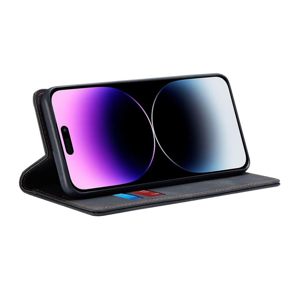 Husa pentru iPhone 14 Pro Max, SKYDDAR INNOVATION, Soft Wallet, tip Carte din piele Eco Premium, cu Portofel Interior, Negru, set cu sticker - 1 | YEO
