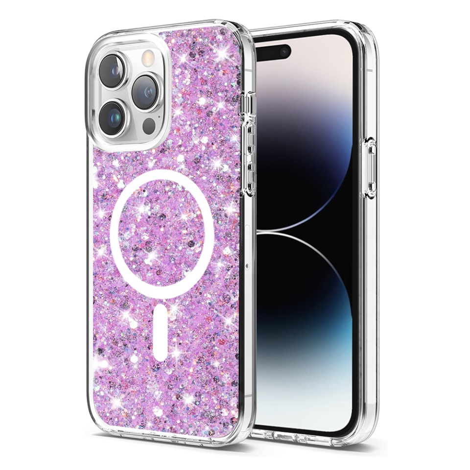 Husa pentru iPhone 14 Pro Max, SKYDDAR INNOVATION, SparkleCase, din Silicon cu Sclipici, Protectie Completa, Magenta, set cu sticker