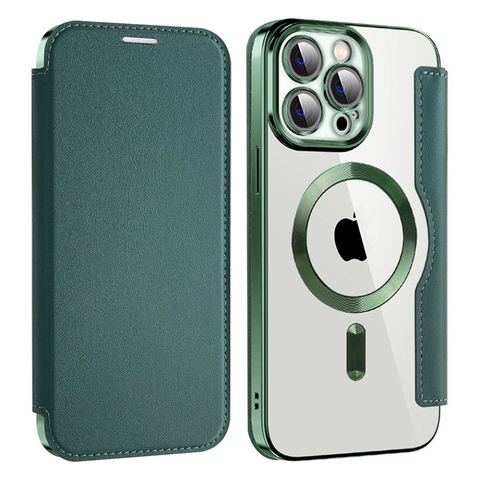 Husa pentru iPhone 14 Pro Max tip carte, SKYDDAR INOVATION, SmartMag Book, Magsafe, RFiD, Suport Carduri, set cu sticker, Verde - 1 | YEO