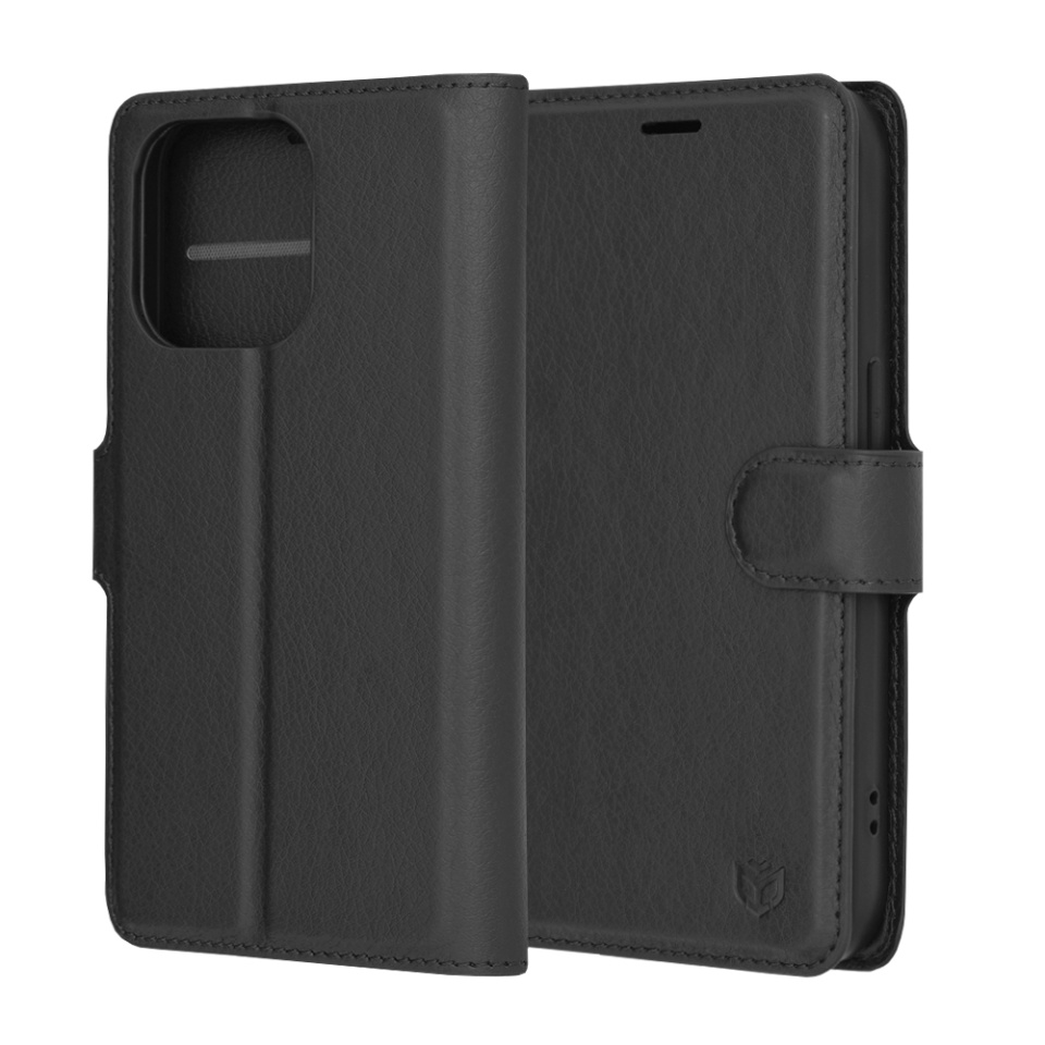 Husa pentru iPhone 14 Pro, SKYDDAR INNOVATION, Leather Folio, tip Carte, cu Portofel Interior, Finisaje Premium, Negru, set cu sticker
