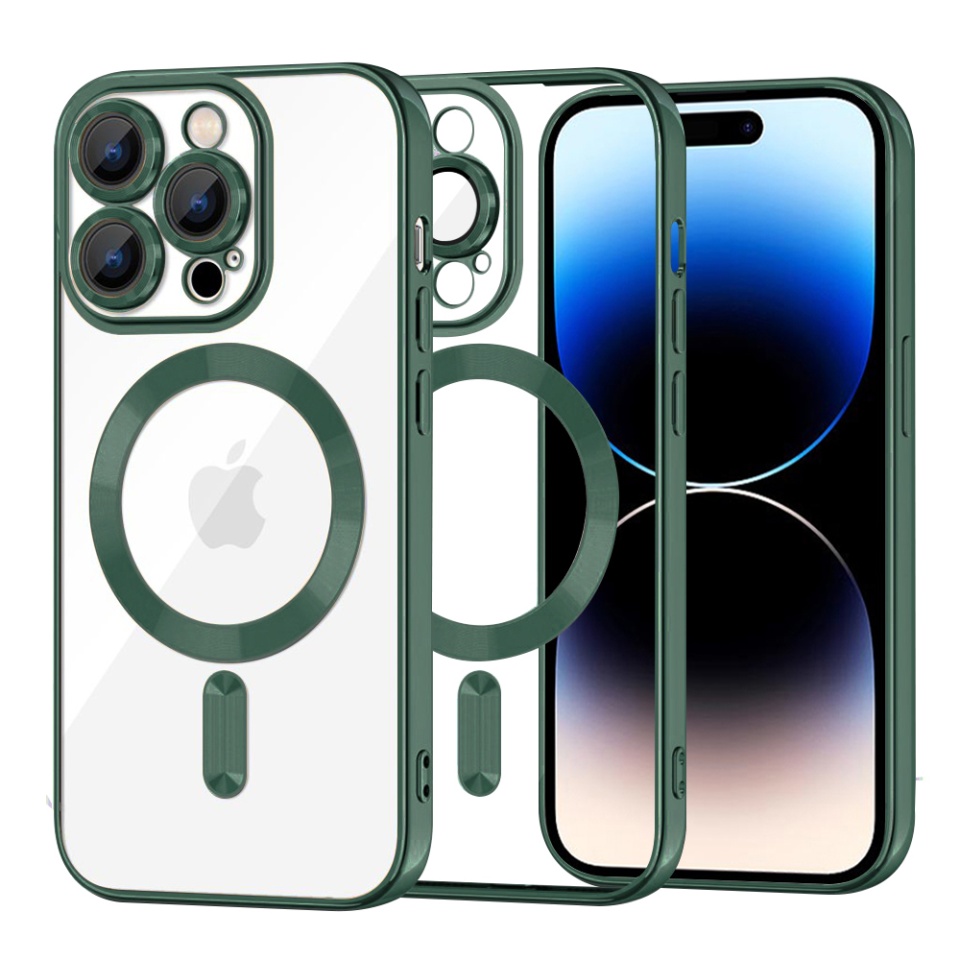 Husa pentru iPhone 14 Pro, SKYDDAR INNOVATION, Luxury Shield Magsafe, Protectie Antisoc, Verde inchis, set cu sticker