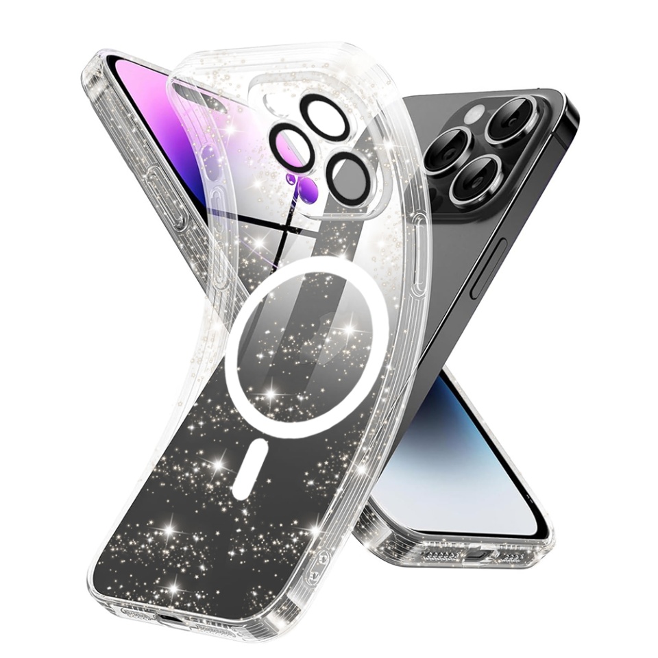 Husa pentru iPhone 14 Pro, SKYDDAR INNOVATION, SparkleSkin Magsafe, din Silicon TPU cu Sclipici, Design Elegant si Ultra Subtire, Transparenta, set cu sticker