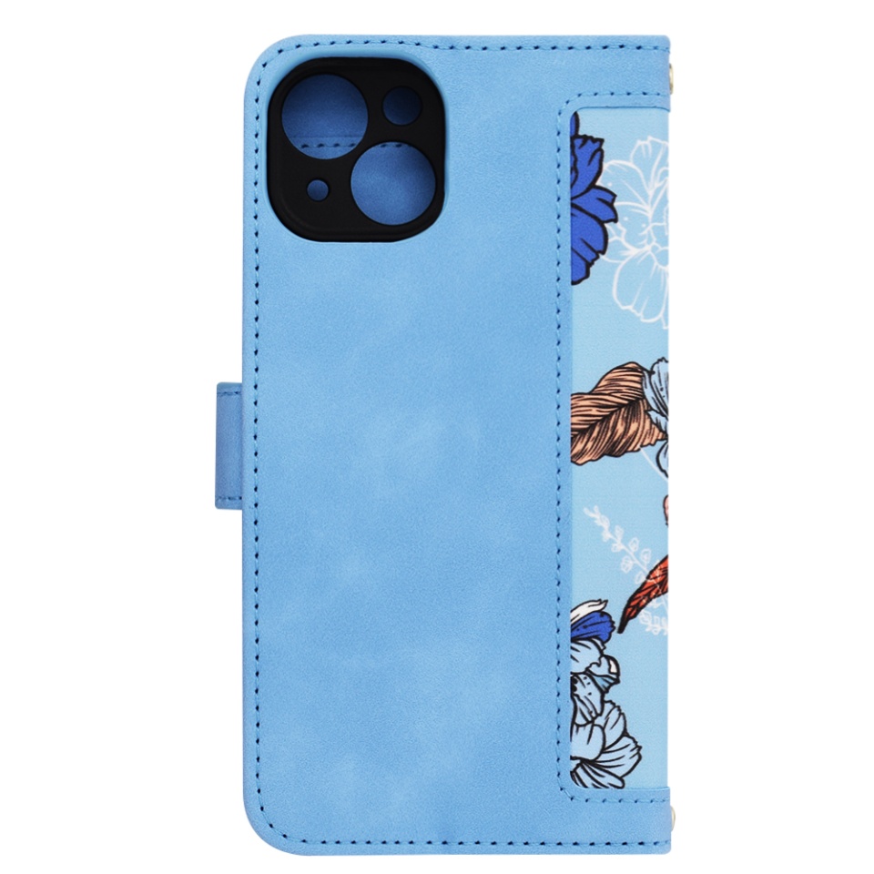Husa pentru iPhone 14, SKYDDAR INNOVATION, Floral Wallet, din Piele Ecologică cu Design Floral, Protecție 360°, Stand Integrat, Buzunare pentru Carduri, Bleu, set cu sticker - 2 | YEO
