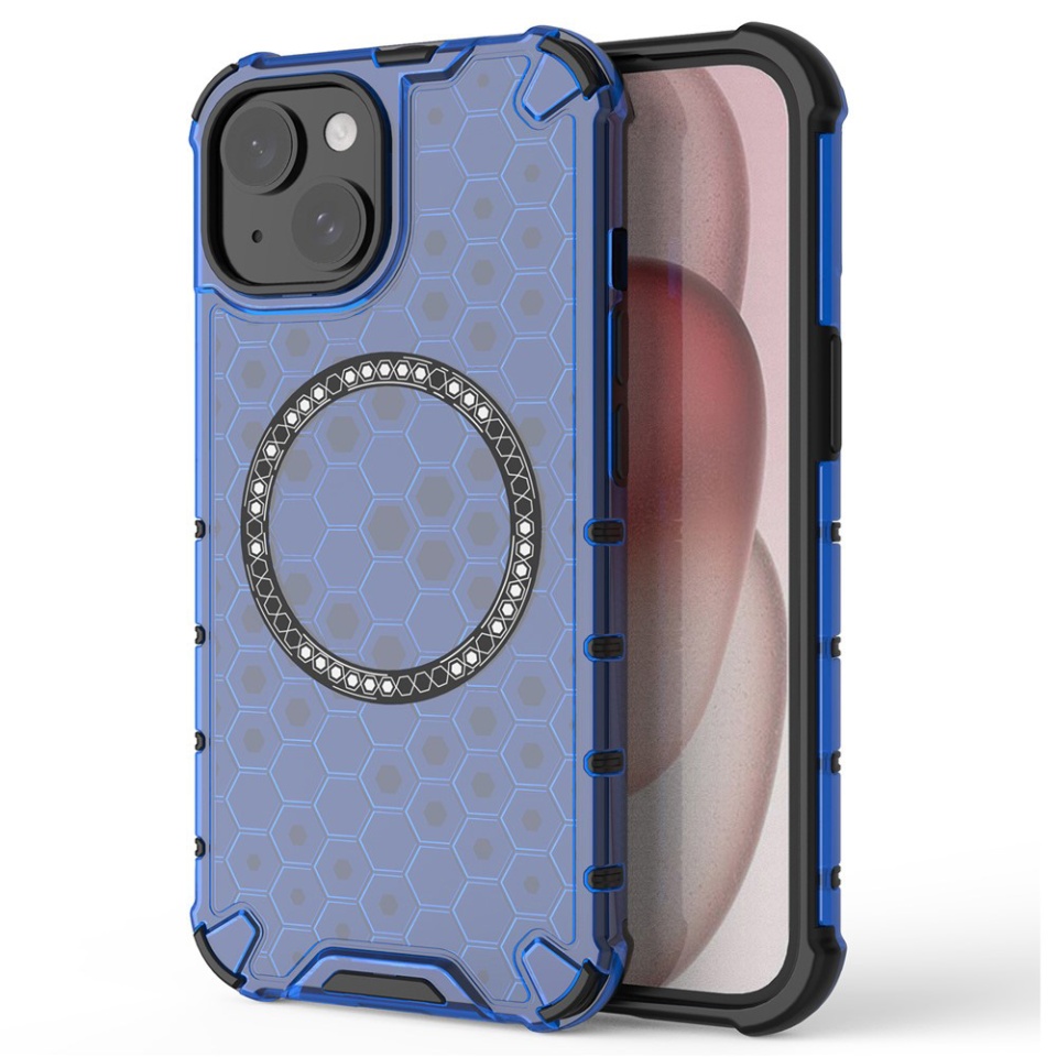 Husa pentru iPhone 14, SKYDDAR INNOVATION, HoneyComb Shield MagSafe, Antisoc, set cu sticker, Albastru