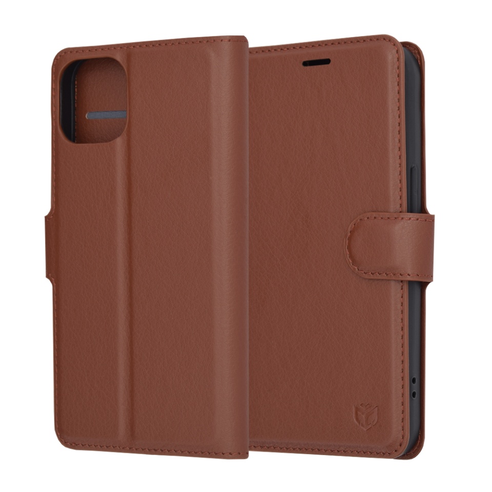 Husa pentru iPhone 14, SKYDDAR INNOVATION, Leather Folio, tip Carte, cu Portofel Interior, Finisaje Premium, Maro, set cu sticker