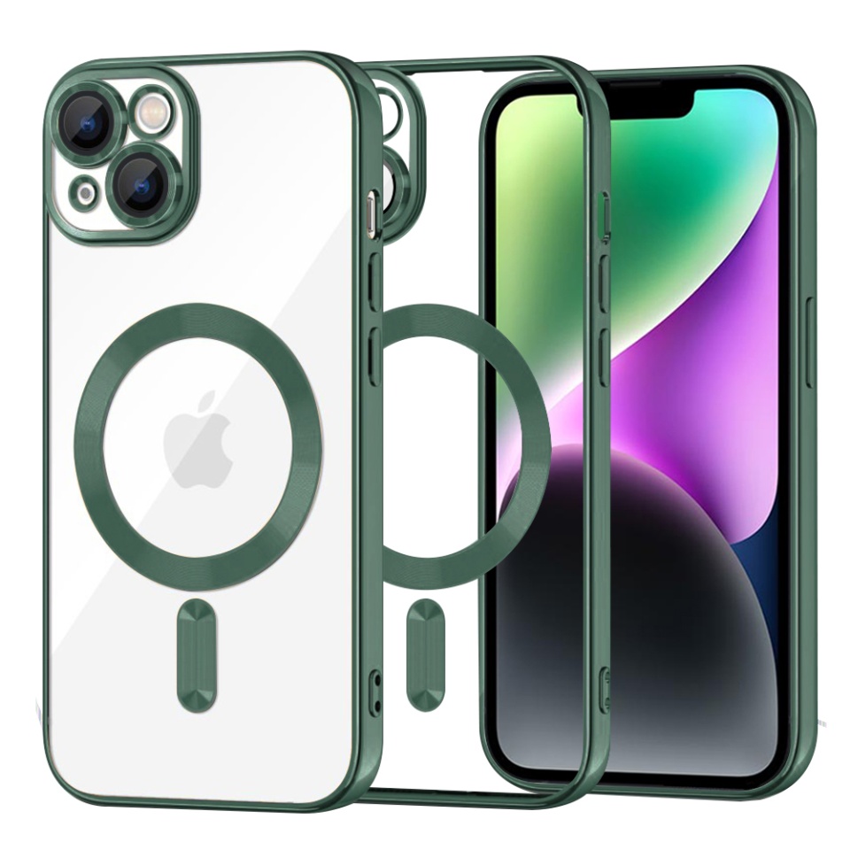 Husa pentru iPhone 14, SKYDDAR INNOVATION, Luxury Shield Magsafe, Protectie Antisoc, Verde inchis, set cu sticker