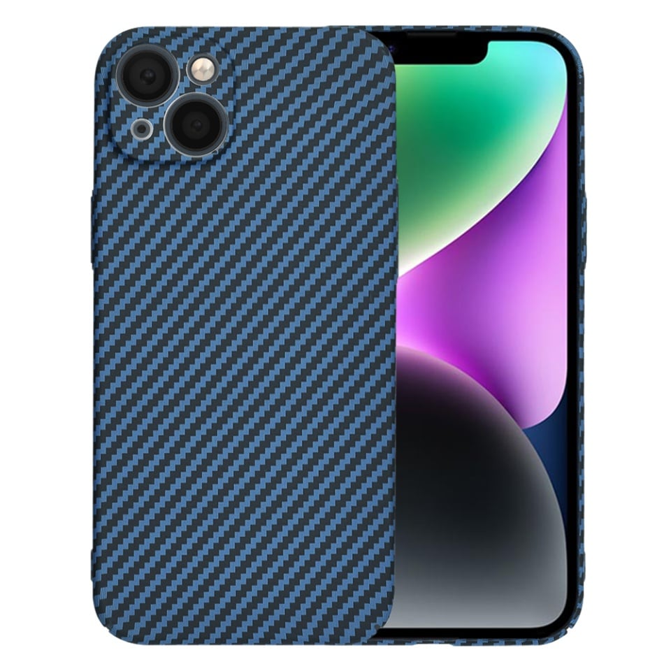 Husa pentru iPhone 14, SKYDDAR INNOVATION, textura carbon, Carbonite FiberShell, Cyan, set cu sticker