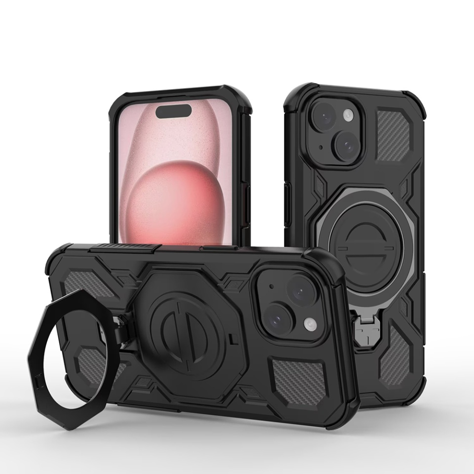 Husa pentru iPhone 15, Antisoc, SKYDDAR INOVATION, Carbon Shield PRO, Magsafe, set cu sticker, Negru