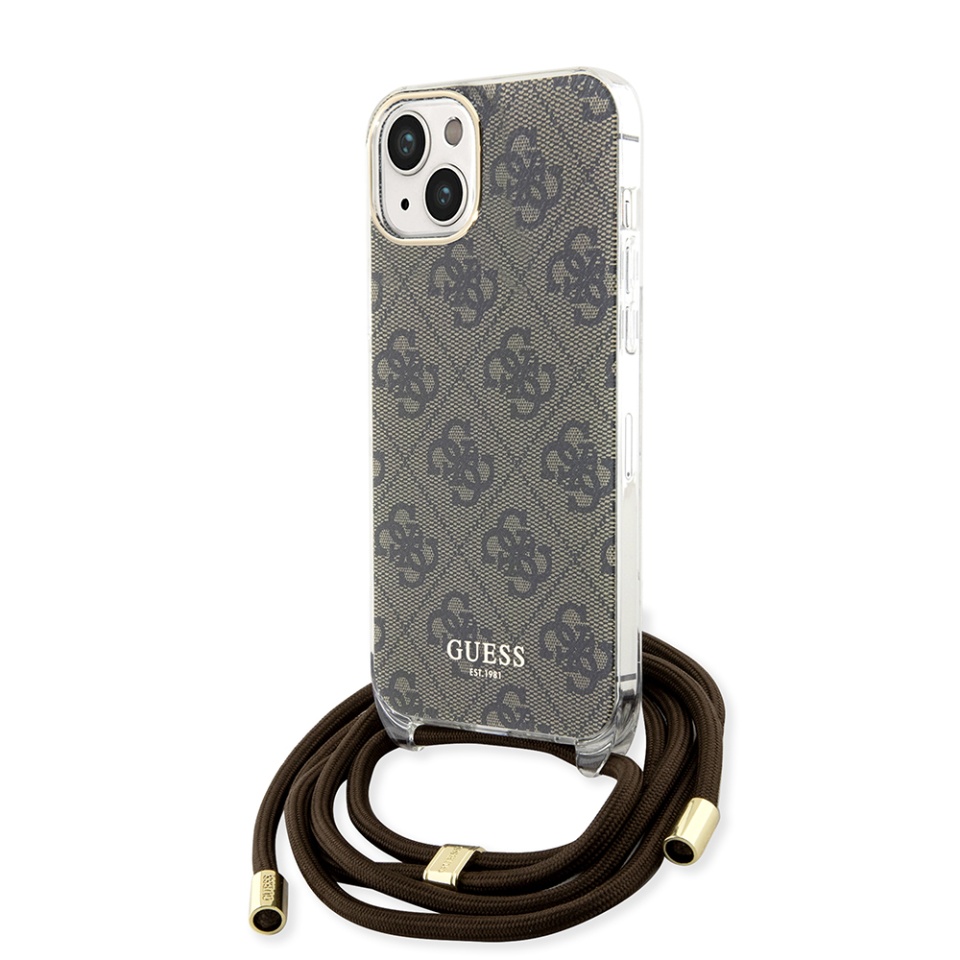 Husa pentru iPhone 15 cu snur, Crossbody Cord 4G Print, Guess - Maro