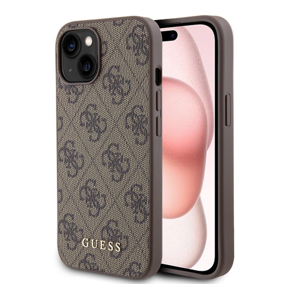 Husa pentru iPhone 15, Guess, Hardcase 4G Metal Gold Logo, Maro