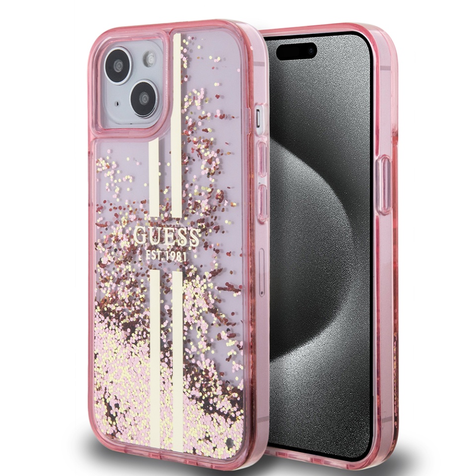 Husa pentru iPhone 15 Plus, Liquid Glitter Gold Stripes, Guess - Roz
