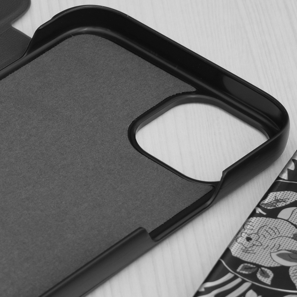 Husa pentru iPhone 15 Plus, SKYDDAR INNOVATION, eFold, tip carte, Negru, set cu sticker - 2 | YEO