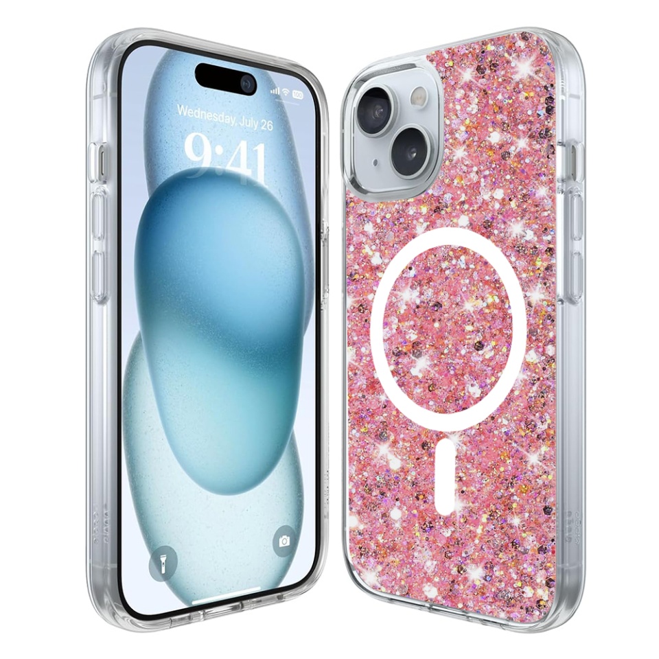 Husa pentru iPhone 15 Plus, SKYDDAR INNOVATION, SparkleCase, din Silicon cu Sclipici, Protectie Completa, Magenta, set cu sticker