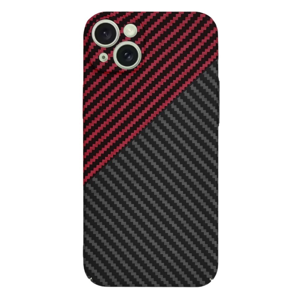 Husa pentru iPhone 15 Plus, SKYDDAR INNOVATION, textura carbon, Carbonite FiberShell, Rosu inchis, set cu sticker - 2 | YEO