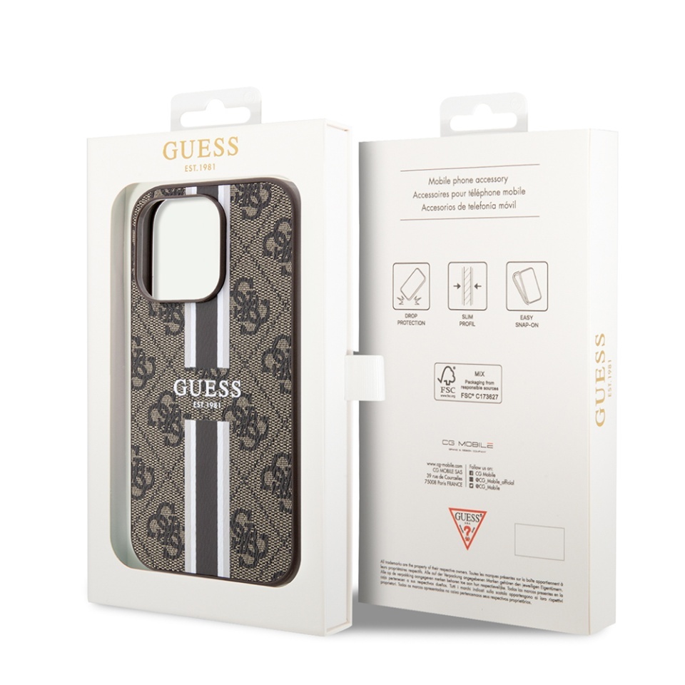 Husa pentru iPhone 15 Pro, Guess, Hardcase 4G Printed Stripes MagSafe, Maro - 6