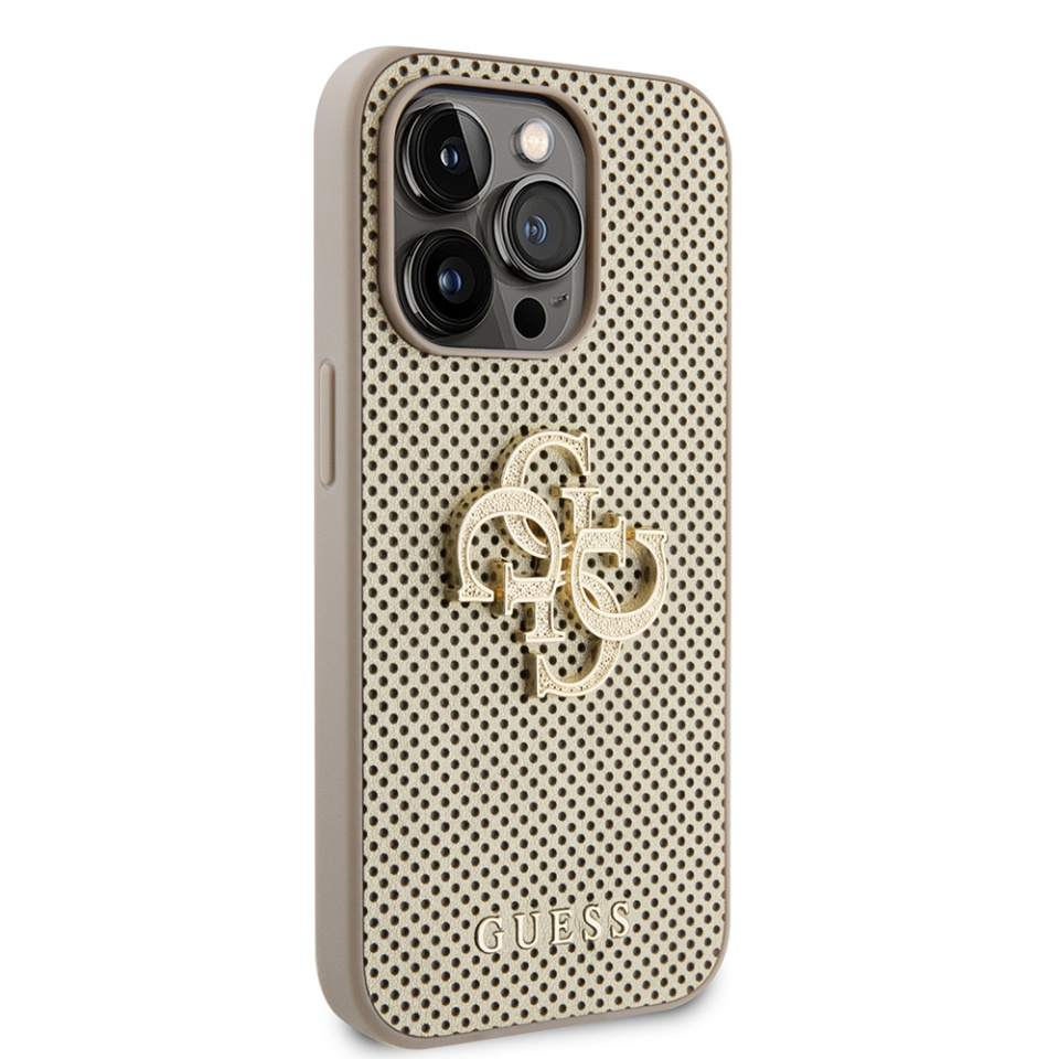 Husa pentru iPhone 15 Pro, Guess Perforata Logo 3D, Design Slim, Auriu - 1 | YEO