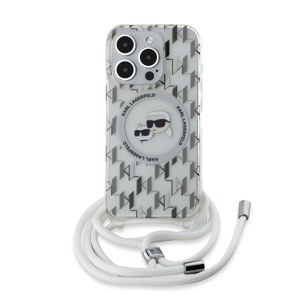 Husa pentru iPhone 15 Pro Max, Karl Lagerfeld, IML Crossbody MagSafe, Clear Monogram Karl&Choupette Head - 1 | YEO
