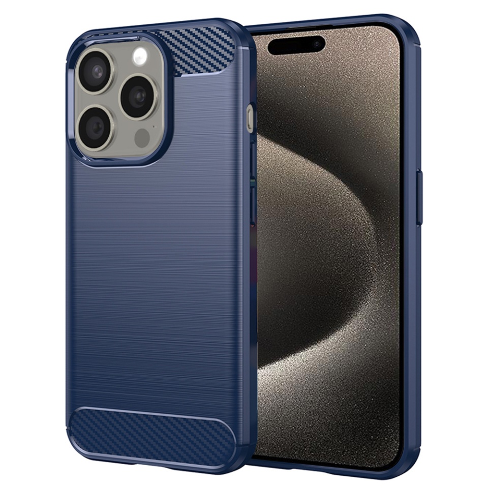 Husa pentru iPhone 15 Pro Max, SKYDDAR INNOVATION, Carbon Silicone, din Silicon Premium, Slim, cu textura Fibra Carbon, Albastru, set cu sticker
