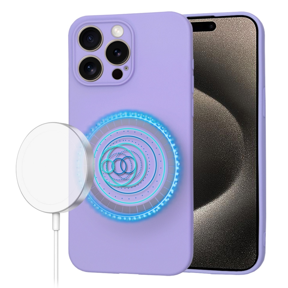 Husa pentru iPhone 15 Pro Max, SKYDDAR INNOVATION, din Silicon Catifelat, SoftFlex Magsafe, Violet, set cu sticker