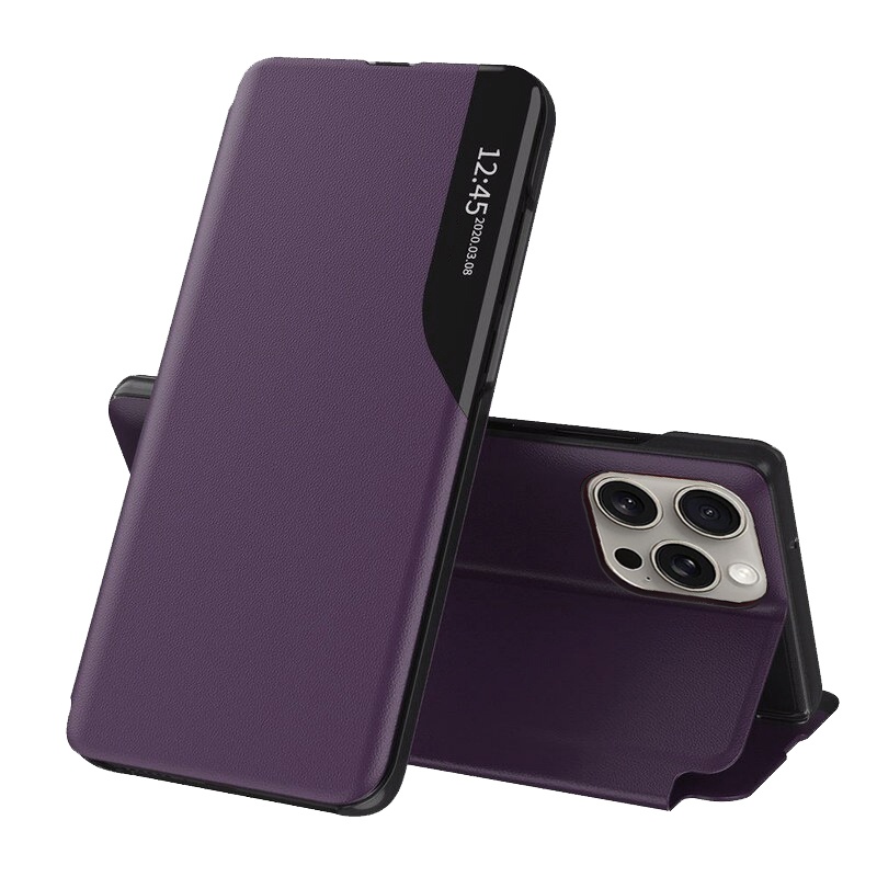 Husa pentru iPhone 15 Pro Max, SKYDDAR INNOVATION, eFold, tip carte, Mov, set cu sticker