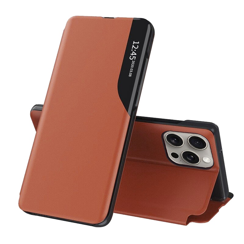 Husa pentru iPhone 15 Pro Max, SKYDDAR INNOVATION, eFold, tip carte, Portocaliu, set cu sticker