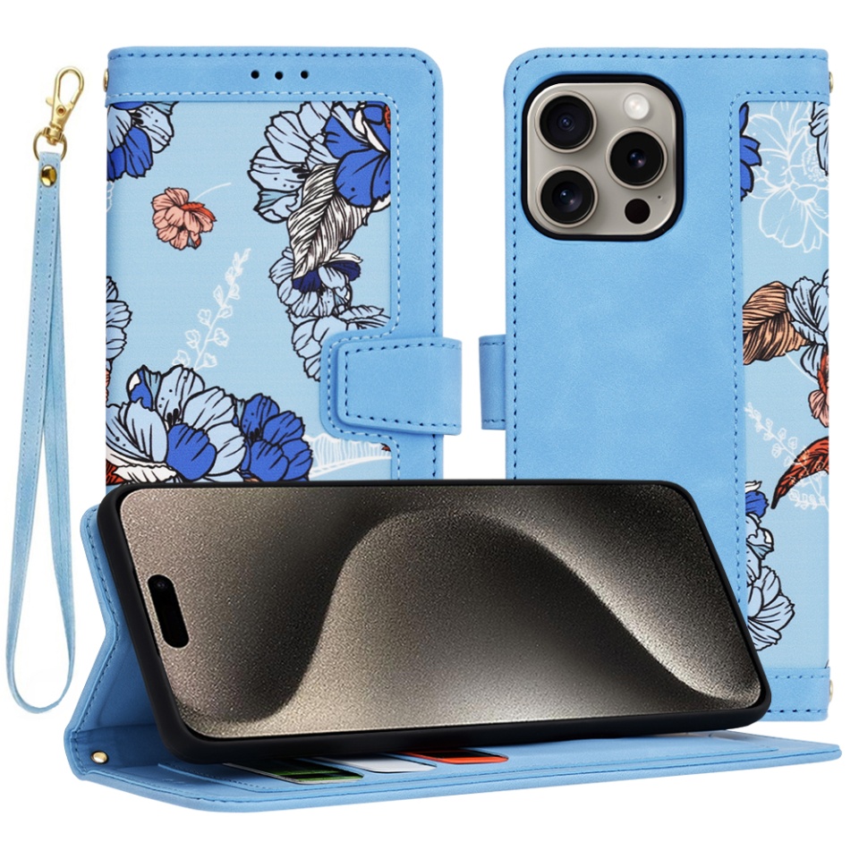 Husa pentru iPhone 15 Pro Max, SKYDDAR INNOVATION, Floral Wallet, din Piele Ecologică cu Design Floral, Protecție 360°, Stand Integrat, Buzunare pentru Carduri, Bleu, set cu sticker