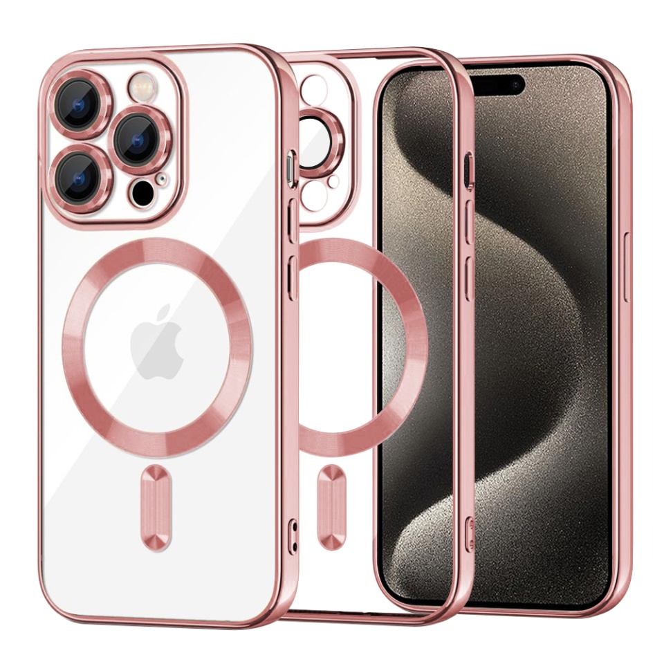 Husa pentru iPhone 15 Pro Max, SKYDDAR INNOVATION, Luxury Shield Magsafe, Protectie Antisoc, Roz, set cu sticker