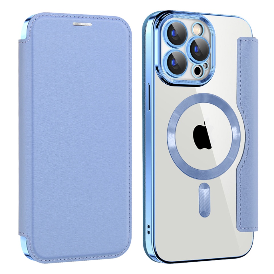Husa pentru iPhone 15 Pro Max tip carte, SKYDDAR INOVATION, SmartMag Book, Magsafe, RFiD, Suport Carduri, set cu sticker, Bleu - 1 | YEO