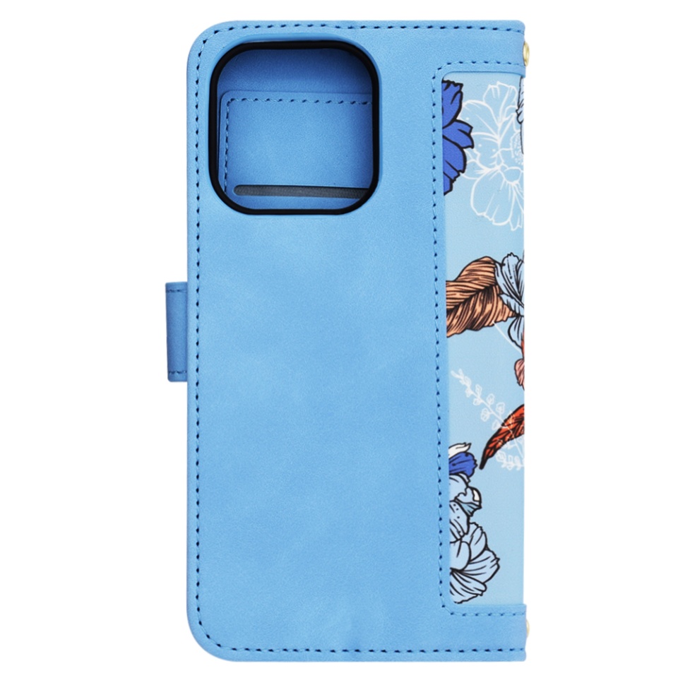 Husa pentru iPhone 15 Pro, SKYDDAR INNOVATION, Floral Wallet, din Piele Ecologică cu Design Floral, Protecție 360°, Stand Integrat, Buzunare pentru Carduri, Bleu, set cu sticker - 2 | YEO