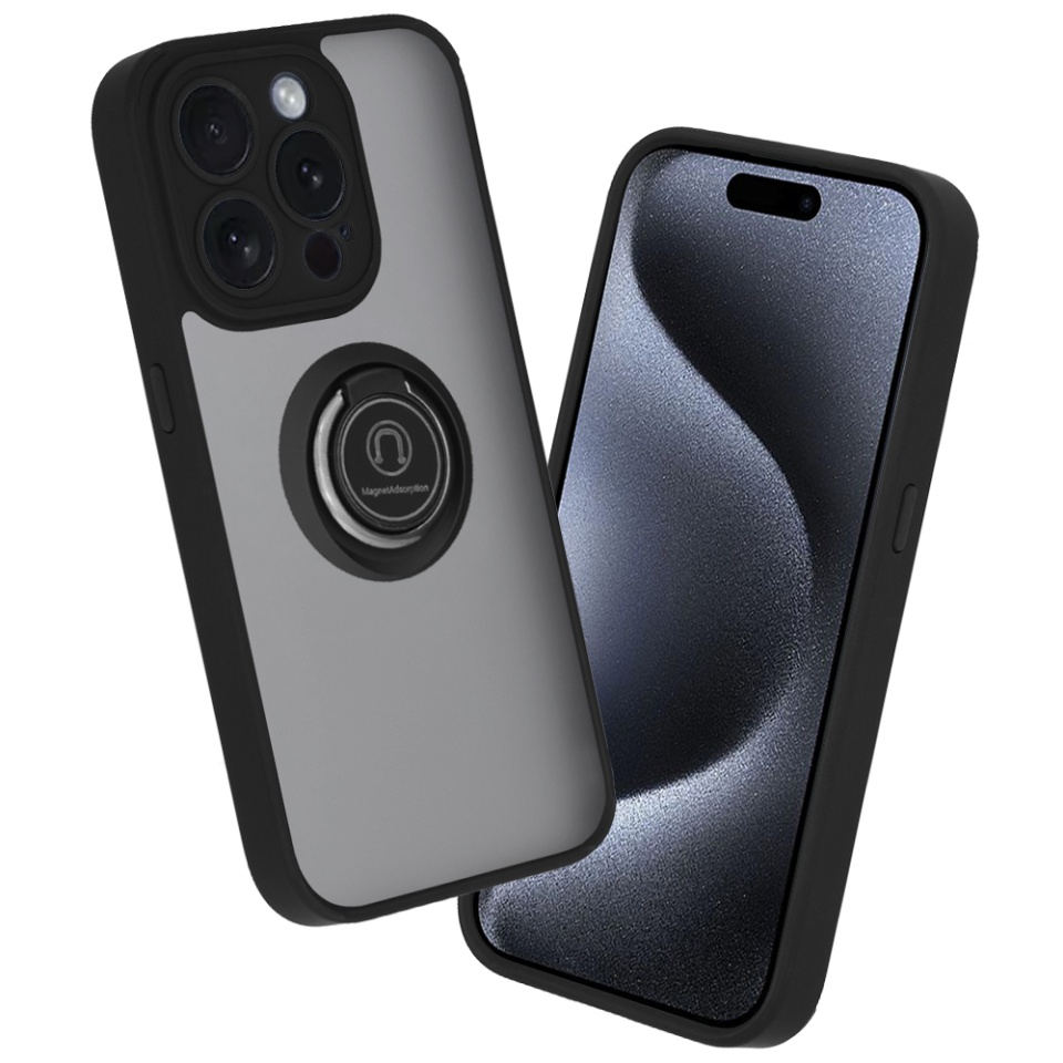 Husa pentru iPhone 15 Pro, SKYDDAR INNOVATION, Glinth+ cu Inel Rotativ 360°, Compatibilitate Magnetica, Negru, set cu sticker