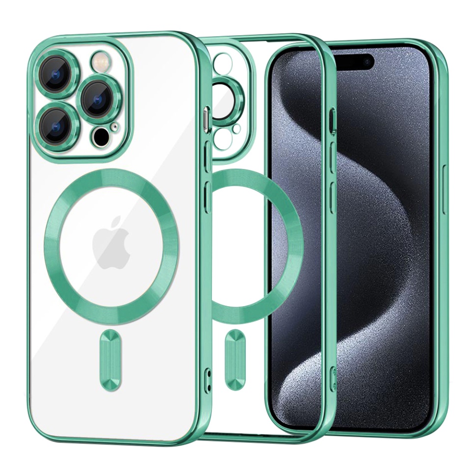 Husa pentru iPhone 15 Pro, SKYDDAR INNOVATION, Luxury Shield Magsafe, Protectie Antisoc, Verde deschis, set cu sticker