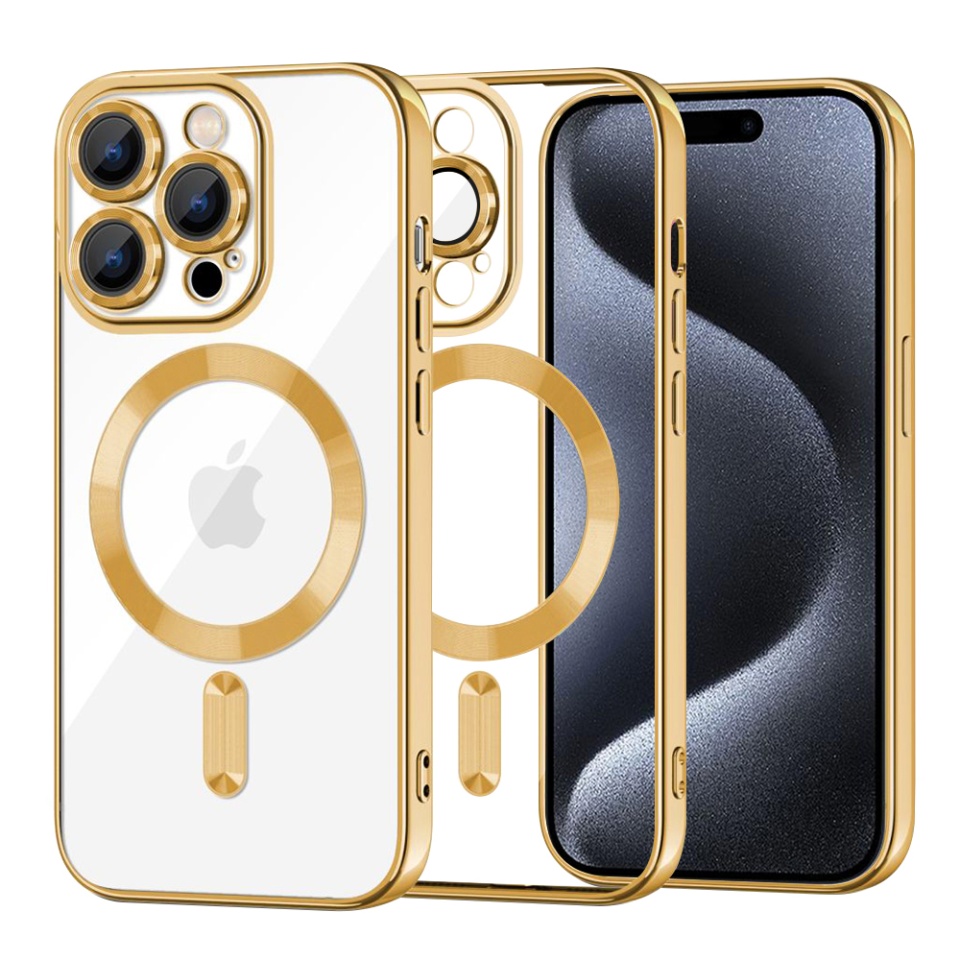 Husa pentru iPhone 15 Pro, SKYDDAR INNOVATION, Luxury Shield Magsafe, Protectie Antisoc, Auriu, set cu sticker