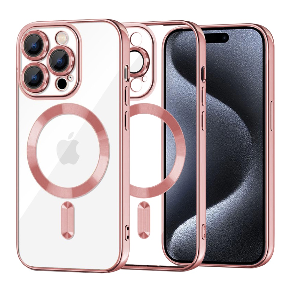Husa pentru iPhone 15 Pro, SKYDDAR INNOVATION, Luxury Shield Magsafe, Protectie Antisoc, Roz, set cu sticker