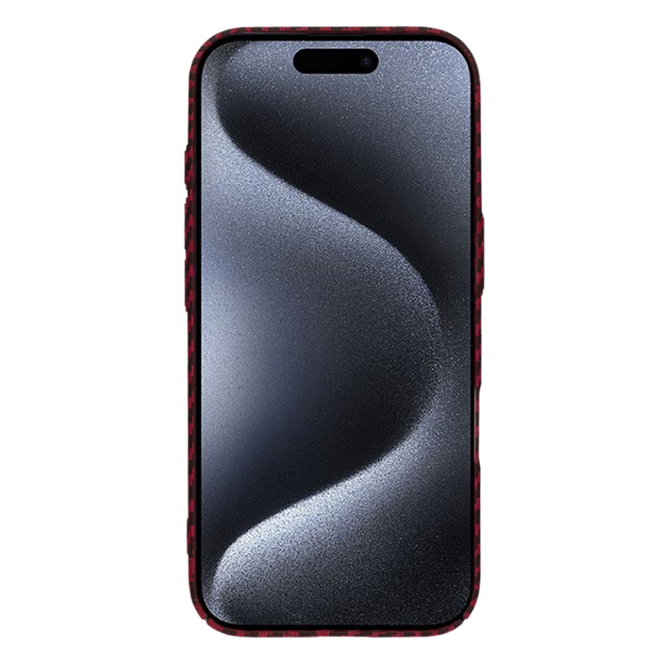 Husa pentru iPhone 15 Pro, SKYDDAR INNOVATION, textura carbon, Carbonite FiberShell, Rosu, set cu sticker - 1 | YEO
