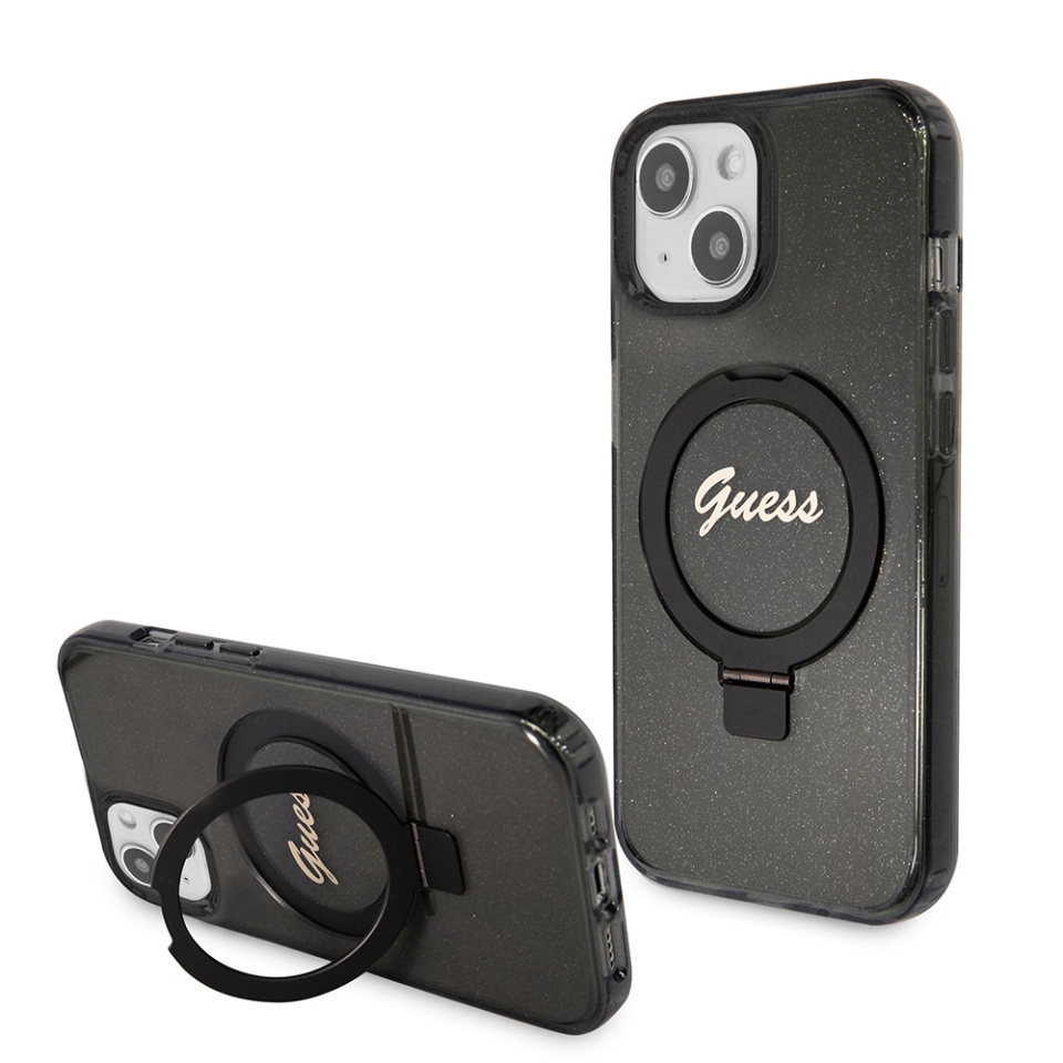 Husa pentru iPhone 15 Ring Stand Script Glitter, Guess - Negru
