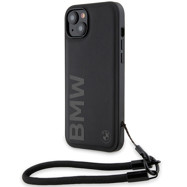 Husa pentru iPhone 15, Signature Leather Wordmark Cord, BMW - Negru mat