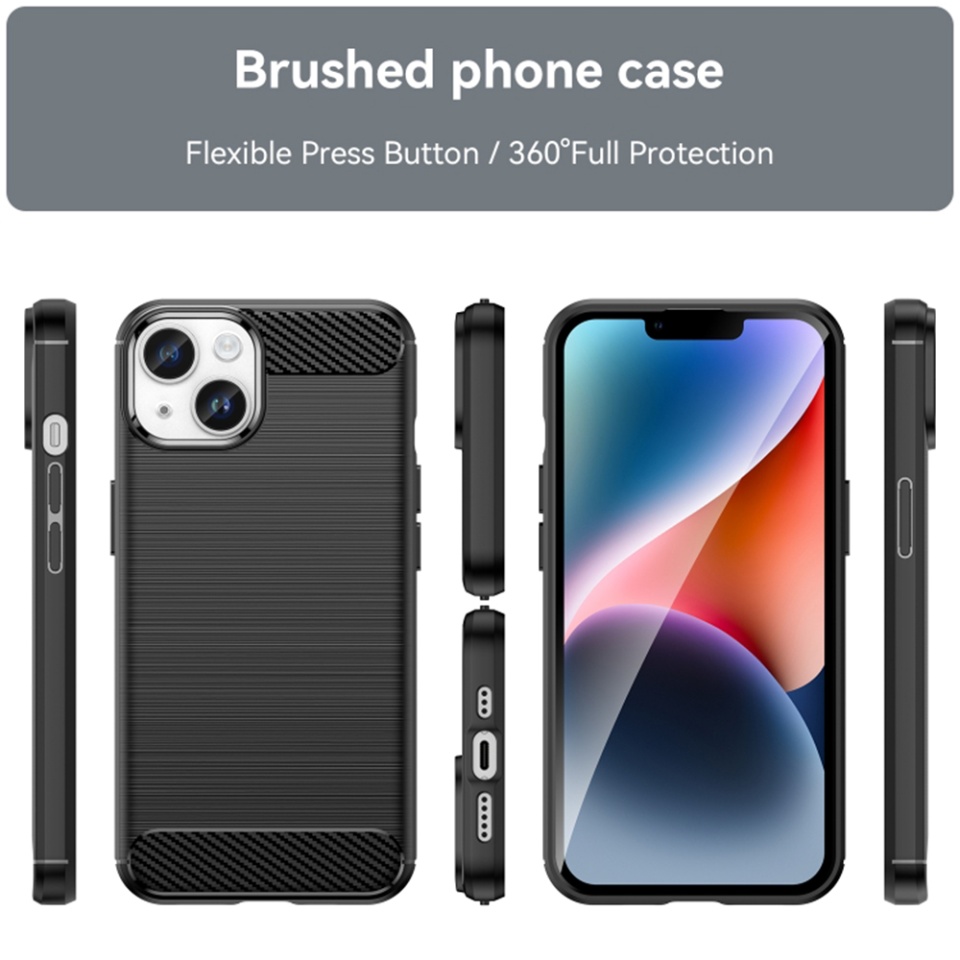 Husa pentru iPhone 15, SKYDDAR INNOVATION, Carbon Silicone, din Silicon Premium, Slim, cu textura Fibra Carbon, Negru, set cu sticker - 1 | YEO