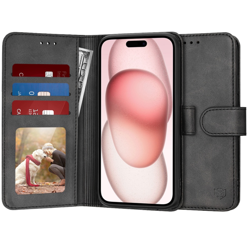 Husa pentru iPhone 15, SKYDDAR INNOVATION, Diary Book, tip carte, cu Portofel Interior, Antisoc, Negru, set cu sticker