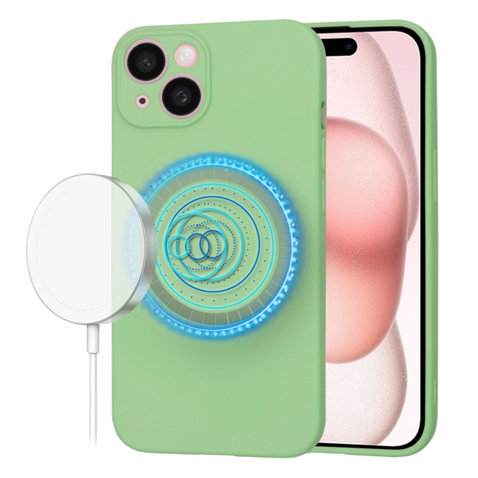 Husa pentru iPhone 15, SKYDDAR INNOVATION, din Silicon Catifelat, SoftFlex Magsafe, Verde deschis, set cu sticker