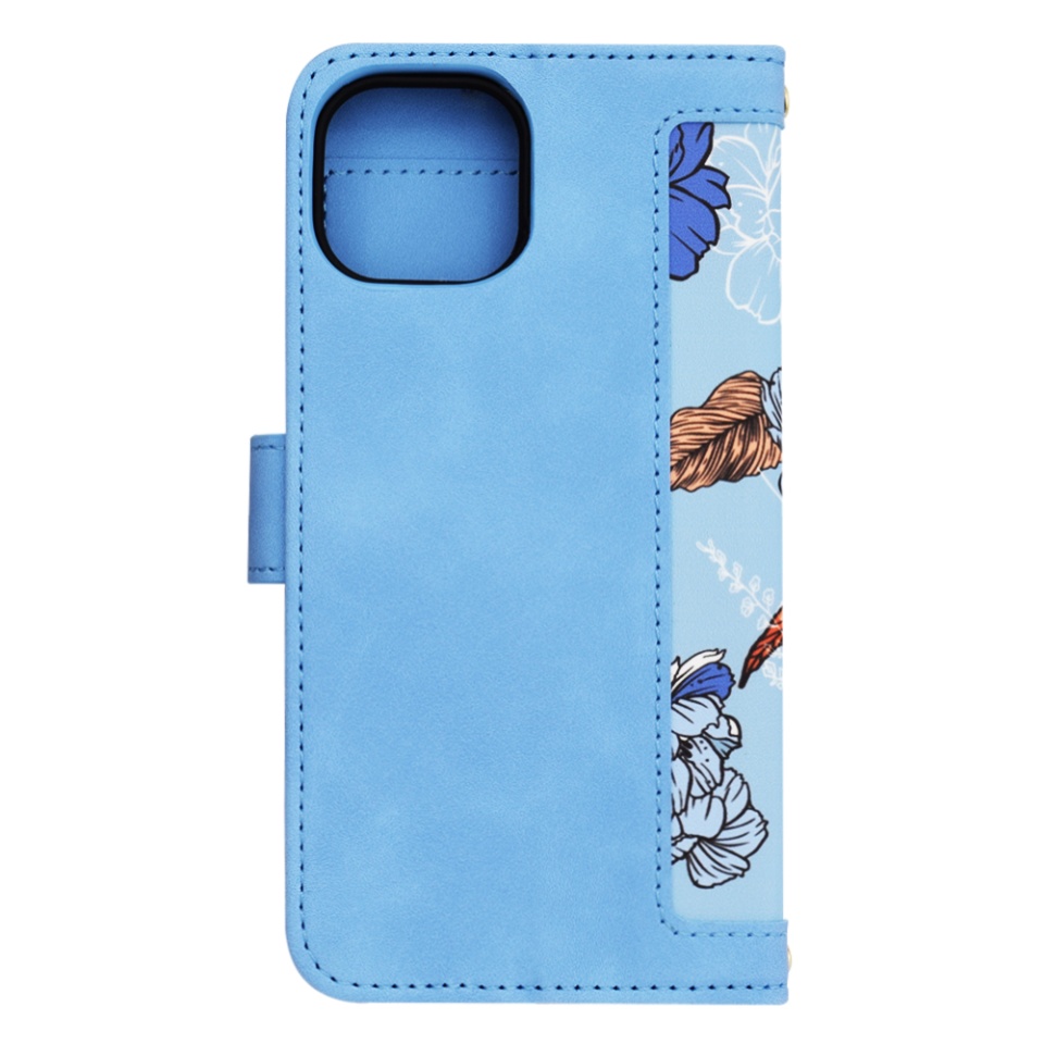 Husa pentru iPhone 15, SKYDDAR INNOVATION, Floral Wallet, din Piele Ecologică cu Design Floral, Protecție 360°, Stand Integrat, Buzunare pentru Carduri, Bleu, set cu sticker - 2 | YEO