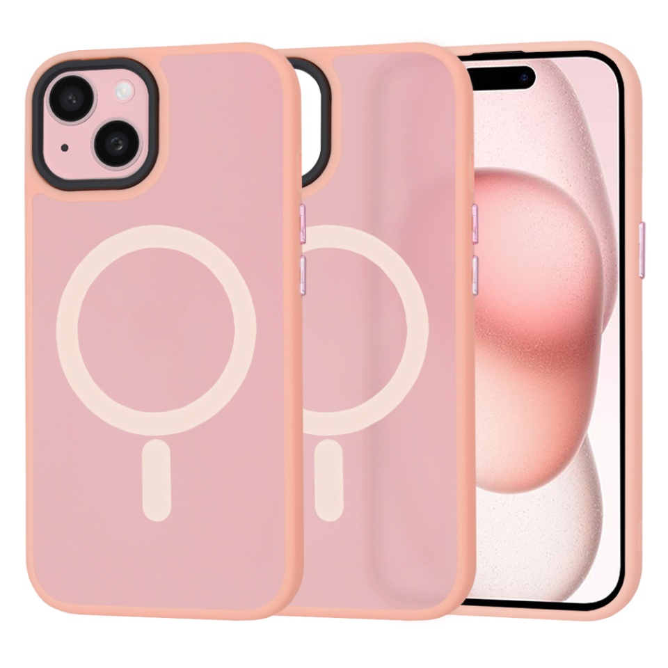 Husa pentru iPhone 15, SKYDDAR INNOVATION, HaloFrost MagSafe, Antisoc, set cu sticker, Roz
