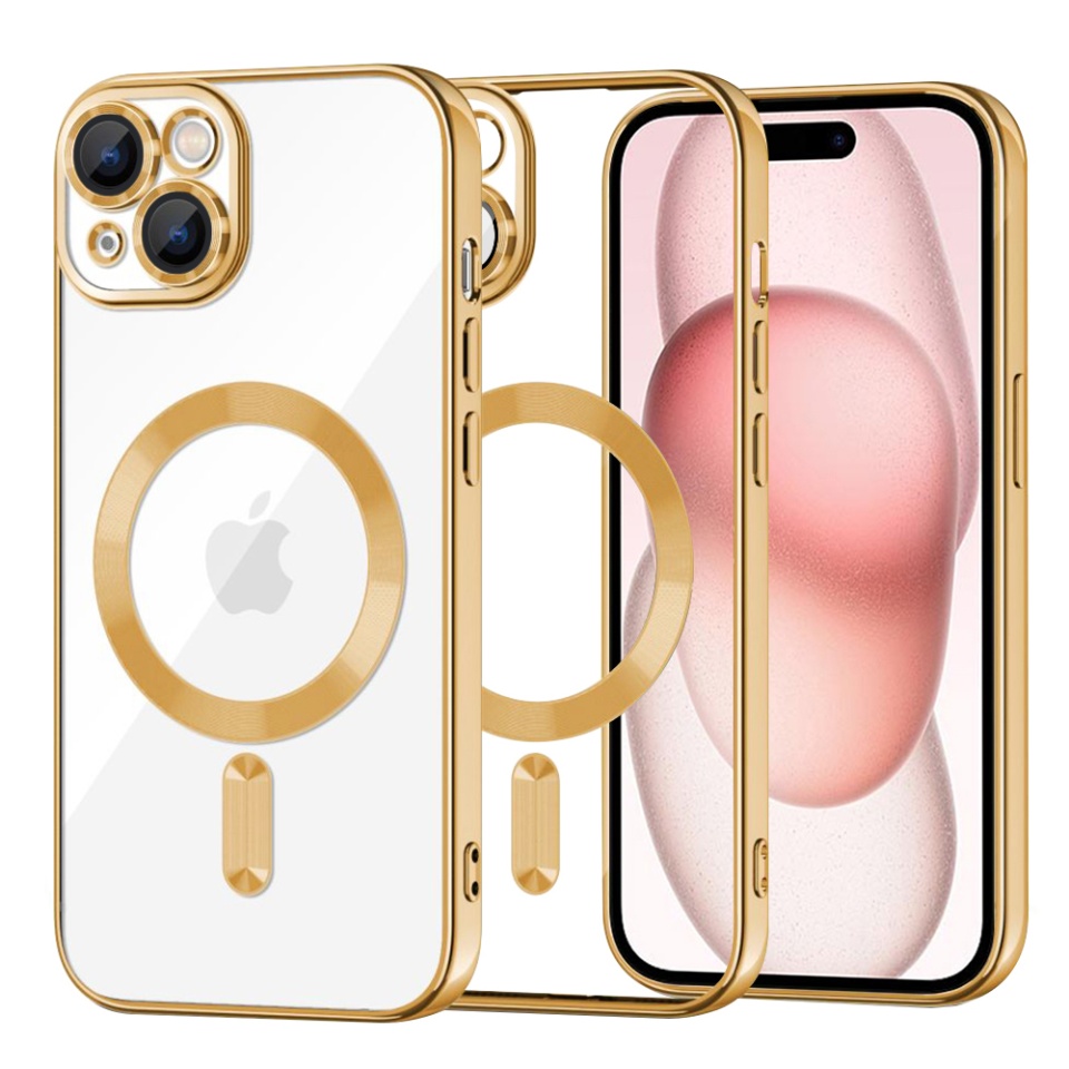 Husa pentru iPhone 15, SKYDDAR INNOVATION, Luxury Shield Magsafe, Protectie Antisoc, Auriu, set cu sticker