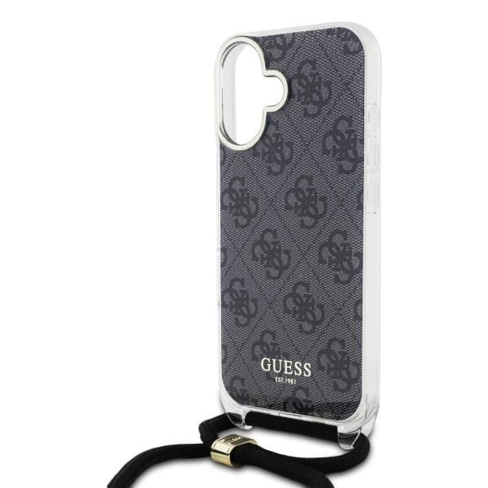 Husa pentru iPhone 16 cu snur, Crossbody Cord 4G Print, Guess - Negru - 2 | YEO