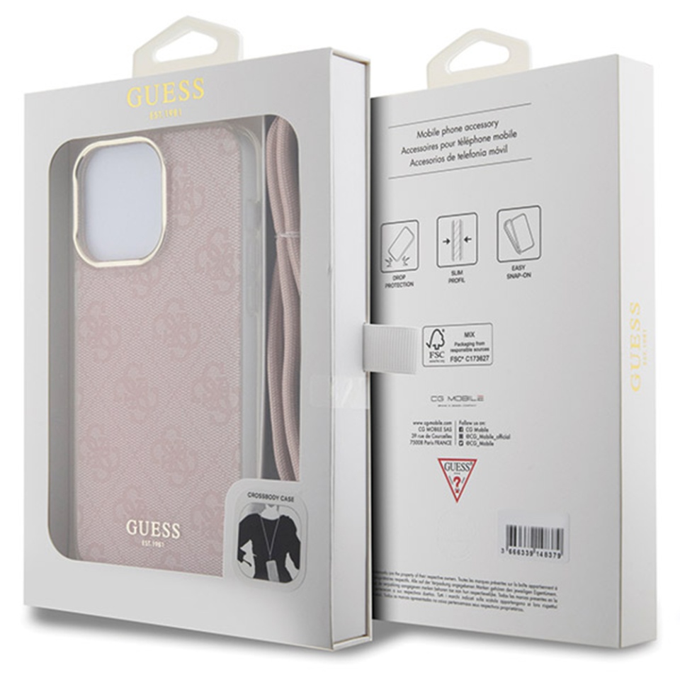 Husa pentru iPhone 16 cu snur, Crossbody Cord 4G Print, Guess - Roz - 7
