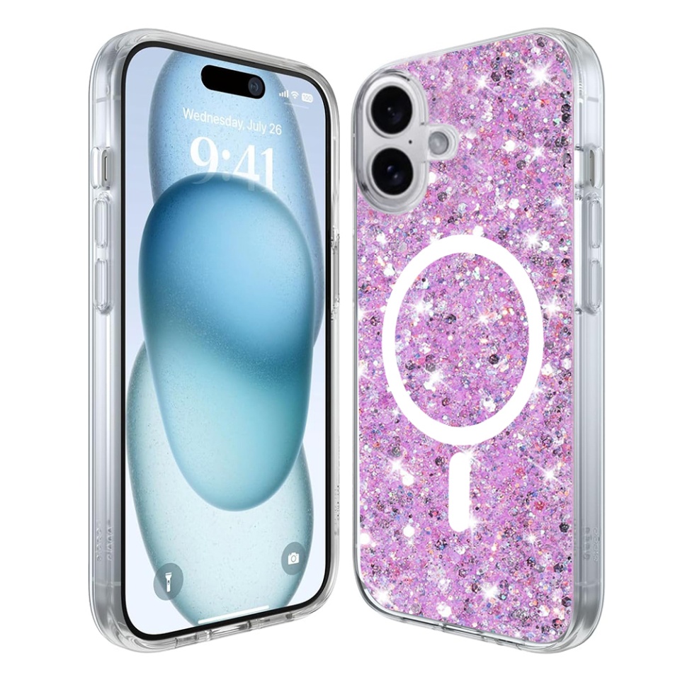 Husa pentru iPhone 16 din Silicon cu Sclipici, Fundal Detasabil, Protectie Completa, SKDR SparkleCase - Magenta